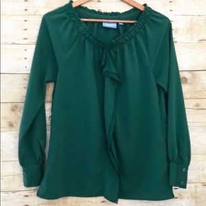 💙Vera Wang ruffle Flowy Silky Forest Green Blouse